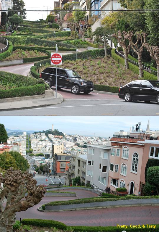 View from the bottom and the top of the crooked point of Lombard Street